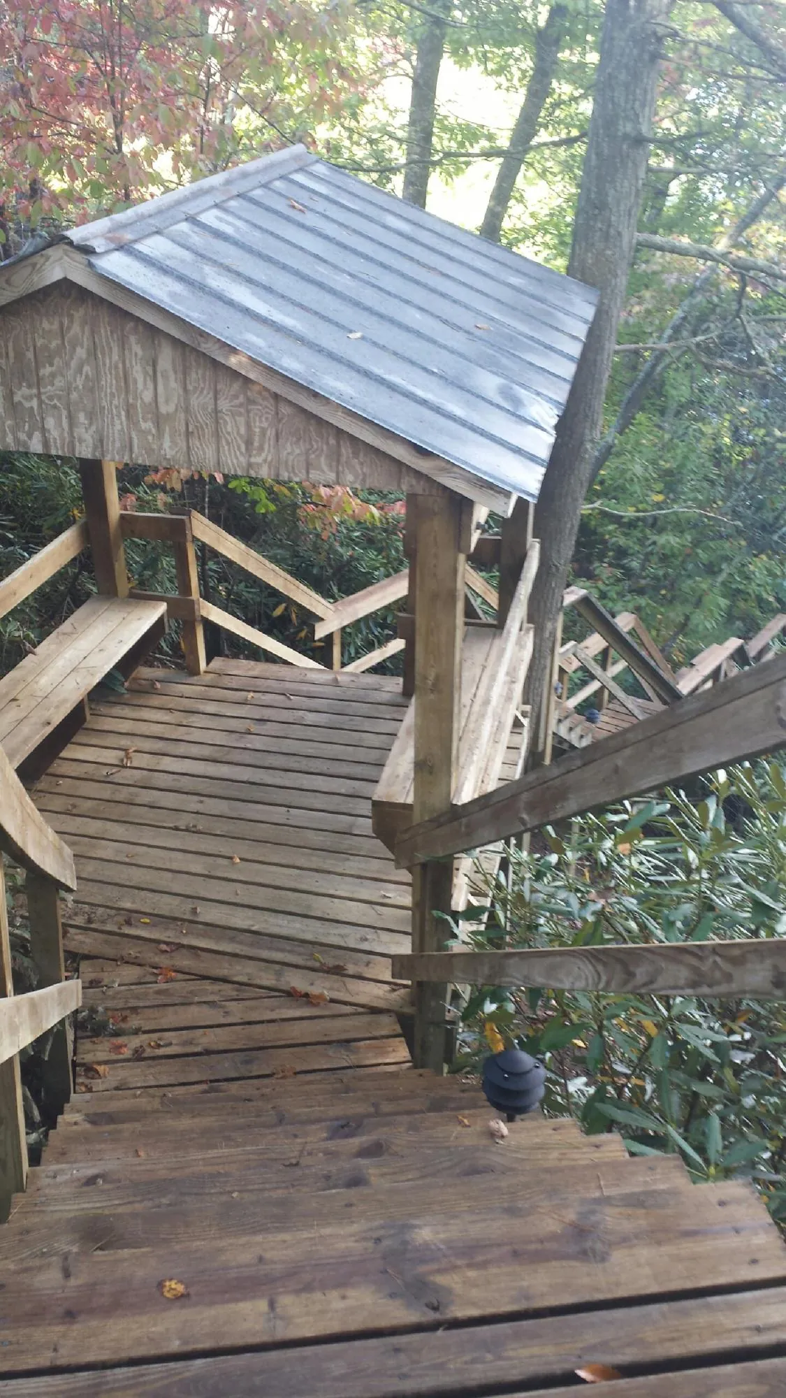 Metal roofed shelter over wooden steps on a wooded walkway — Skylight Repair & Installation work by our crew in Long Eddy